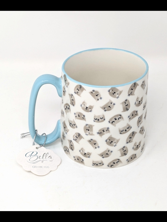 Strawberry Street Other - Bella Ceramic Mug with Gray Cat Faces and Blue Trim And Handle